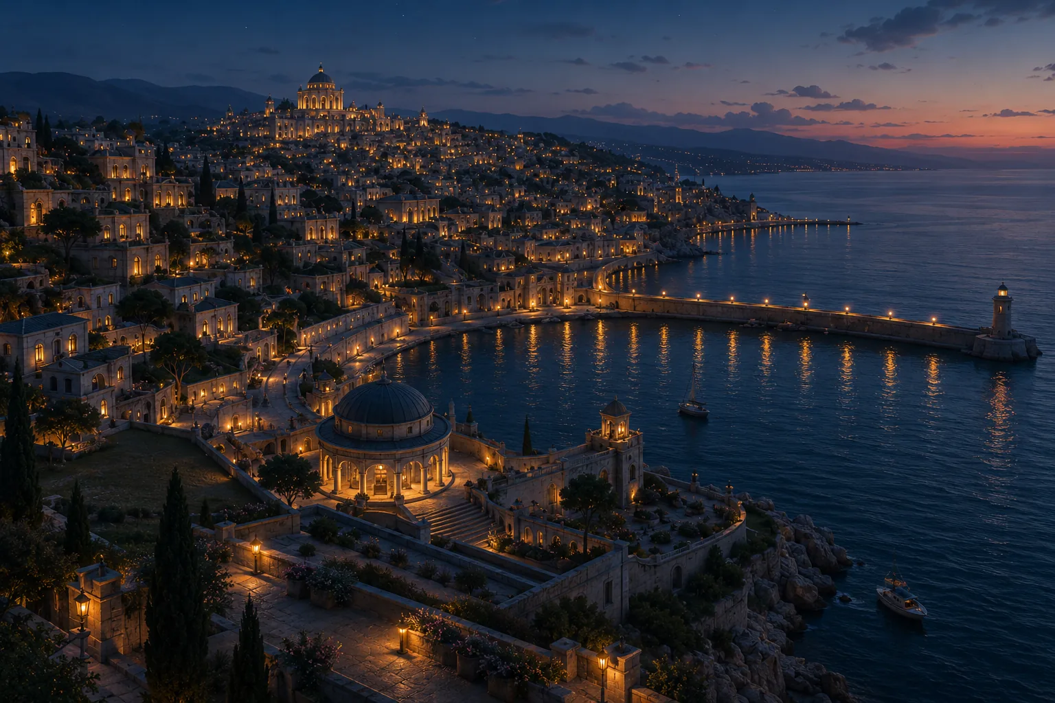 Atlantis at night — the single city of the Ancients, its harbour wall curving to the lighthouse